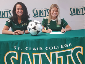 New St. Clair College Saints women's head soccer coach Gadeer Sobh introduces recruit Keely Ryan on Friday at the SportsPlex. Photo courtesy of St. Clair College.