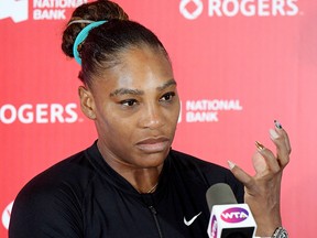 Serena Williams answers media questions about her injury withdrawal from the women's final against Bianca Andreescu in the Rogers Cup tennis tournament at Aviva Centre.