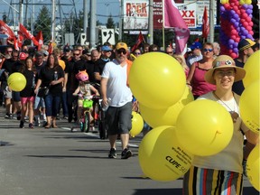 Hundreds took part in the annual Labour Day Parade in Windsor on Sept. 2, 2019, including CUPE member Marta Oversat-Johnson with an eye-catching jacket of balloons as the marchers made their way down Walker Road to the Fogolar Furlan Club.