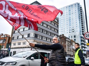 Uber drivers protest outside the Uber offices on May 8, 2019 in London, England. The  protests come ahead of Uber's anticipated Initial Public Offering on the New York Stock Exchange which could but the ride-hailing firm's caluation as high as $91.5 biillion.