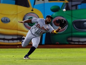 Christin Stewart of the Detroit Tigers catches a fly ball hit off the bat of Robbie Grossman (not pictured) of the Oakland Athletics during the fourth inning at the RingCentral Coliseum on September 7, 2019 in Oakland, California. The Oakland Athletics defeated the Detroit Tigers 10-2.