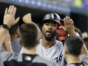 Eloy Jimenez #74 of the Chicago White Sox celebrates after hitting a grand slam against the Detroit Tigers during the fourth inning at Comerica Park on Sept. 20, 2019, in Detroit.