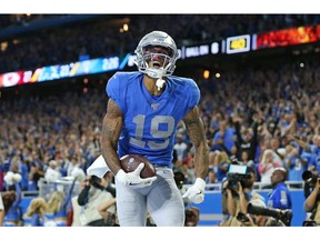 DETROIT, MI - SEPTEMBER 29: Kenny Golladay #19 of the Detroit Lions celebrates a late fourth quarter touchdown during the game against the Kansas City Chiefs at Ford Field on September 29, 2019 in Detroit, Michigan