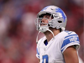 Quarterback Matthew Stafford #9 of the Detroit Lions reacts during the second half of the NFL game against the Arizona Cardinals at State Farm Stadium on September 08, 2019 in Glendale, Arizona. The Lions and Cardinals tied 27-27.