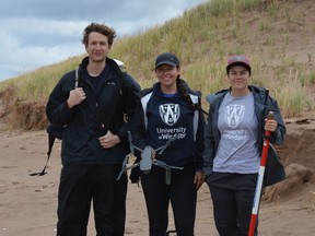 University of Windsor researchers Alex Smith, Brianna Lunardi and Libby George study beach erosion in P.E.I. in the wake of hurricane Dorion.