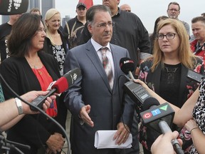 Local NDP MPs Cheryl Hardcastle, left, Brian Masse and Tracey Ramsey are shown at a press conference on Monday, September 2019 in Windsor regarding the party's auto policy.