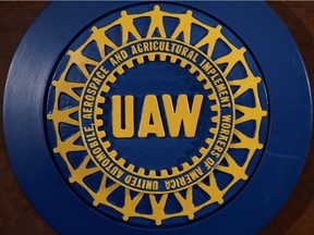 FILE PHOTO: The UAW logo is seen inside the United Auto workers Union Solidarity House in Detroit, Michigan May 29, 2009.