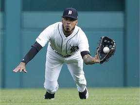 Detroit Tigers centre fielder Harold Castro makes a diving catch for an out during the eighth inning against the Baltimore Orioles at Comerica Park.