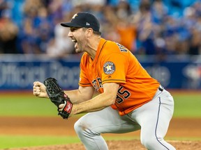 Houston Astros starting pitcher Justin Verlander celebrates after throwing a no hitter against the Toronto Blue Jays at Rogers Centre.
