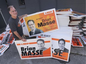 Windsor West MP Brian Masse was busy getting his campaign signs in order on Wednesday, September 11, 2019 at his campaign office in Windsor. His campaign signs include different versions including some from his first election run 17 years ago.