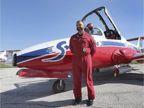 The Canadian Forces Snowbirds made a brief stop in Windsor on Sept. 19, 2019, for refuelling and customs checks. Major Bassam Mnaymneh, who grew up in Windsor and who pilots jet No. 6, stands by his plane during the stop.
