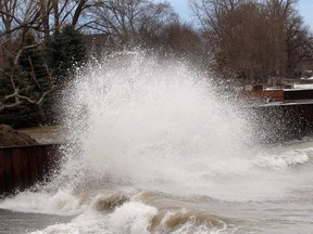 Waves crash into the shore of Lake Erie in January 2019.