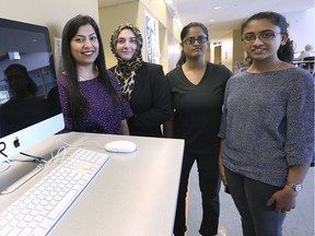University of Windsor students Ikjot Saini, left, Mahreen Nasir, Keerthana Madhavan and Sonia Alice George have started a new women's group that focuses on cyber security. They are shown at the U of W student centre on Wednesday, September 18, 2019.