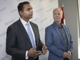 Windsor Star managing editor Craig Pearson, right, listens as Rakesh Naidu, president and CEO of the Windsor-Essex Regional Chamber of Commerce, provides details on Sept. 20, 2019 of the Oct. 1 all-candidates debate his organization is hosting at the Hellenic Cultural Centre.