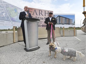 Windsor Mayor Drew Dilkens, left, and Shmuel Farhi, president of Farhi Holdings Corporation are shown during a press conference on Wednesday, September 25, 2019, where they announced a major residential housing development near the WFCU Centre.