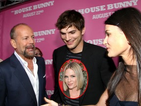 Ashton Kutcher (centre) has accused ex January Jones (inset) of having an affair with Bruce Willis and Demi Moore. (Getty Images)