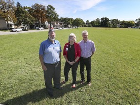 Brian Payne, left, chairman of the Hôtel-Dieu-Grace Healthcare board, Janice Kaffer, President and CEO of Hôtel-Dieu Grace Healthcare and Dale Dutot, project manager with Amico Inc., are shown Sept. 17 at the former Grace Hospital site at the corner of University and Crawford.