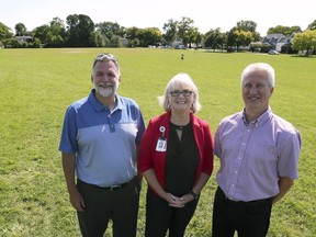 Brian Payne, left, chairman of the Hôtel-Dieu Grace Healthcare board, Janice Kaffer, President and CEO of Hôtel-Dieu Grace Healthcare and Dale Dutot, project manager with Amico Inc. — shown Tuesday, Sept. 17, 2019, at the former Grace site — hope a $250-million, multi-use proposal for redevelopment will get the go-ahead.
