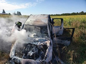 The remains of a stolen vehicle that Lambton County OPP found on fire in a field on Sept. 24, 2019.