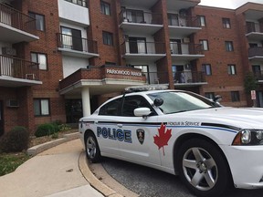 A Windsor police vehicle at Parkwood Manor at 3015 Temple Dr. on Sept. 23, 2019. A fire in a second-floor unit of the building left a female resident in critical condition.