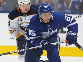 Maple Leafs forward Semyon Der-Arguchintsev skates against the Sabres during an NHL pre-season game at Scotiabank Arena in Toronto on Sept. 21, 2018.