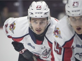 Windsor Spitfires defence man Thomas Stevenson competes against the Flint Firebirds at the WFCU Centre, Wednesday, Sept. 11, 2019.