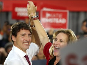 Liberal leader Justin Trudeau and Windsor West candidate Sandra Pupatello are shown at a Liberal rally in Windsor on Monday, September 16, 2019, at the St. Clair College Centre for the Arts.