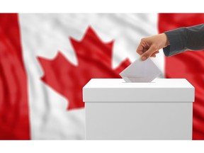 Voter with a Canadian flag in background. Illustration.