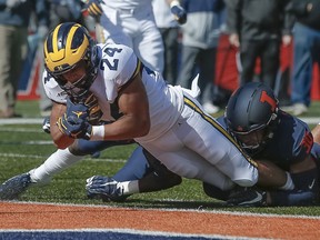 Zach Charbonnet of the Michigan Wolverines dives into the end zone for a touchdown as Sydney Brown of the Illinois Fighting Illini tries to make the stop during the first half at Memorial Stadium on October 12, 2019 in Champaign, Illinois.