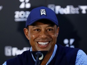 Tiger Woods of the United States speaks during a press conference prior to The Challenge: Japan Skins at Accordia Golf Narashino Country Club on October 21, 2019 in Inzai, Chiba, Japan.