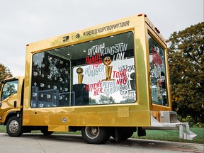 The gold, transparent bus holding the NBA Championship Trophy is seen during the MilkUP Tour's recent stop in Ottawa.