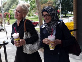 Diana Al-Masalkhi, right, is shown Aug. 6, 2015, with her trial lawyer Laura Joy at the Superior Court building in downtown Windsor.