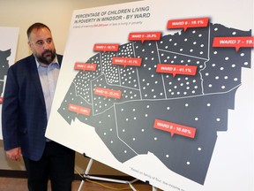 Advocates are calling on  federal election candidates to address child poverty issue. In this July 24, 2019, file photo, Ward 3 Coun. Rino Bortolin views a map illustrating concentrations of Windsor children living in poverty. Bortolin was at the ProsperUs Unlocking Potential — Cradle to Career news conference.