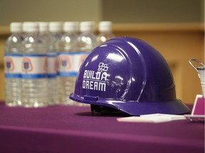 A construction helmet with the logo for Build a Dream sits on a table at the Carpenters Union Local 494 building in Oldcastle, Ontario, on Wednesday, October 2, 2019.