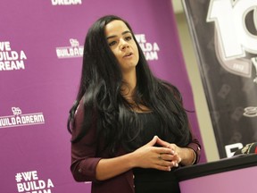 Nour Hachem-Fawaz, founder and president of Build a Dream, announces the new Workforce Innovators Network to encourage gender inclusive work spaces. She made the announcement at the Carpenters Union Local 494 building in Oldcastle, Ontario, on Wednesday, October 2, 2019.