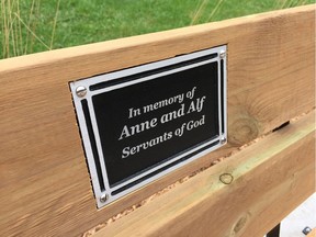 A close-up photo taken on Oct. 2, 2019, of the bench at the memorial area on the Ganatchio Trail dedicated to Windsor assault victim Sara Anne Widholm.