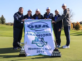 From left, head coach Adam Wagner, Jamie Oleksiew, Alyssa Getty, Laura DeMarco, Nicole Cesca and assistant coach Ryan Robillard celebrate the Windsor Lancers' OUA women's team golf title.

Image courtesy of Jill Clark, University of Toronto / Windsor Star