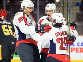 Windsor Spitfires forward Daniel D'Amico, right, Curtis Douglas, left, and Kyle McDonald each scored in Windsor's 4-3 win over the Erie Otters on Saturday at the WFCU Centre.