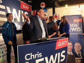 Conservative candidate Chris Lewis addresses his supporters after winning the Essex riding in the 2019 federal election Monday night.