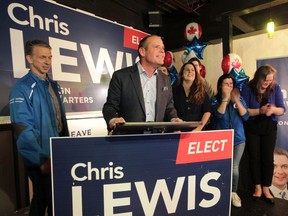Conservative candidate Chris Lewis addresses his supporters after winning the Essex riding in the 2019 federal election.