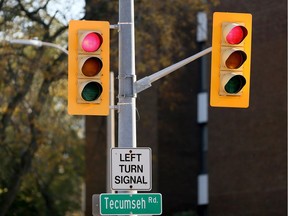 Red lights for Ouellette Avenue traffic are seen at Tecumseh Road Wednesday.