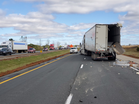 One person is dead after a crash on Hwy. 401 west of London on Friday Oct. 18, 2019. (OPP photo)