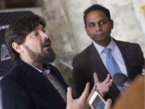 Accelerator CEO Arthur Barbut, left, joins Rakesh Naidu, president and CEO of the Windsor-Essex Regional Chamber of Commerce to announce a new partnership focused on supporting new startups in Windsor and Essex County, Friday, Oct. 18, 2019.