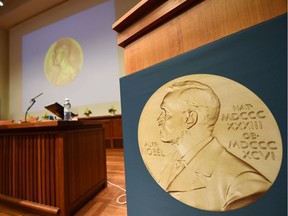In this file photo taken on Oct. 02, 2017, a medal of Alfred Nobel is pictured prior to the beginning of a press conference to announce the winner of the 2017 Nobel Prize in Medicine at the Karolinska Institute in Stockholm.