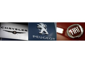 This combination of file pictures created on October 29, 2019 shows (L-R) the logo for US autiomaker Chrysler at the New York International Auto Show in New York; the logo of French carmaker Peugeot on February 10, 2017, in Villeneuve d'Ascq, northern France; the logo of Italian auto maker Fiat on January 12, 2017 in Saluzzo, Italy. - US-Italian auto giant Fiat Chrysler and France's Peugeot are in merger talks that would yield an entity valued at about $50 billion, a person with knowledge of the matter told AFP on October 29, 2019.
