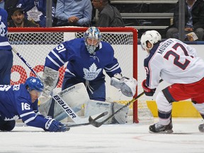 Ryan Murray of the Columbus Blue Jackets looks to get a shoot on Maple Leafs goalie Frederik Andersen on Monday night at Scotiabank Arena. (Claus Andersen/Getty Images)