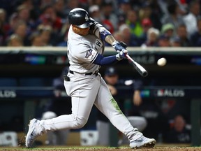 New York Yankees second baseman Gleyber Torres doubles during the seventh inning of game three of the 2019 ALDS playoff baseball series at Target Field.