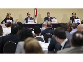 Windsor West candidates from left, Sandra Pupatello (Liberal), Quinn Hunt (Green), Brian Masse (NDP) and Henry Lau (Conservative) are shown during the Windsor-Essex Regional Chamber of Commerce federal election debate at the Hellenic Cultural Centre in Windsor on Tuesday, October 1, 2019.