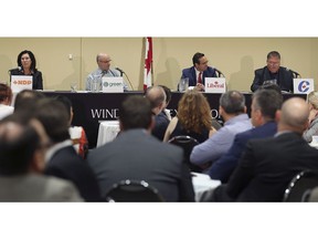 Windsor-Tecumseh candidates, from left, Cheryl Hardcastle (NDP), Giovanni Abati (Green), Irek Kusmierczyk (Liberal) and Leo Demarce (Conservative) are shown during the Windsor-Essex Regional Chamber of Commerce federal election debate at the Hellenic Cultural Centre in Windsor on Tuesday, October 1, 2019.