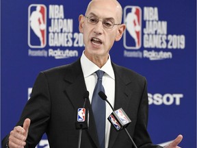 NBA Commissioner Adam Silver speaks during a news conference before the NBA preseason basketball game between Houston Rockets and Toronto Raptors at Saitama Super Arena in Saitama, Japan, Oct. 8, 2019.